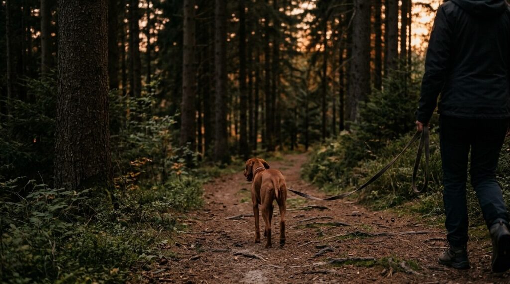 Hund auf einem Wanderweg im Schwarzwald zwischen hohen Tannen