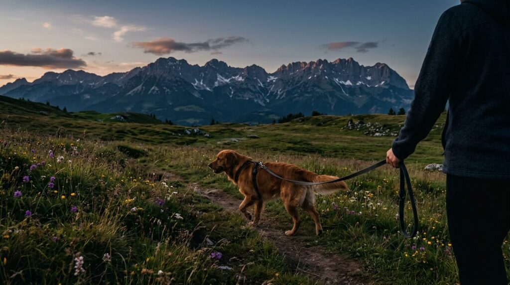 Hund auf einer Almwiese vor einem Alpenpanorama