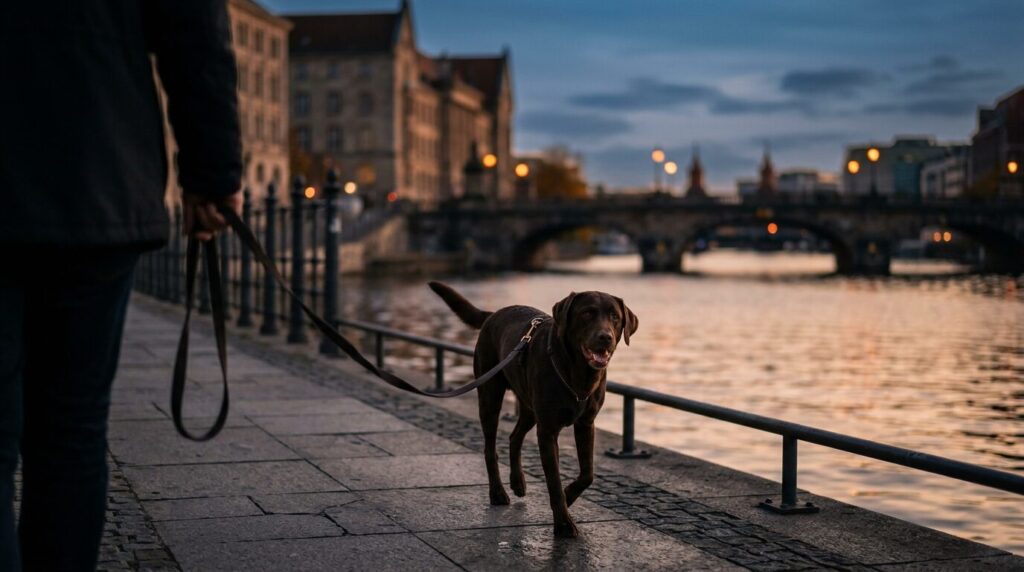 Hund am Ufer der Spree, im Hintergrund unscharf Altbauten und eine Brücke