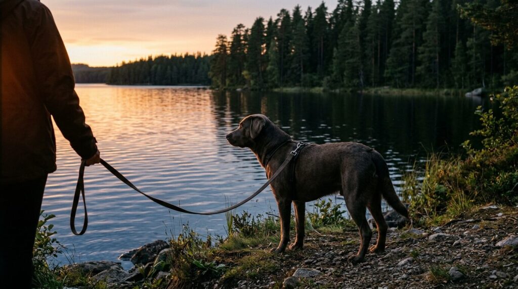 Hund am Ufer eines Sees mit Kiefernwald