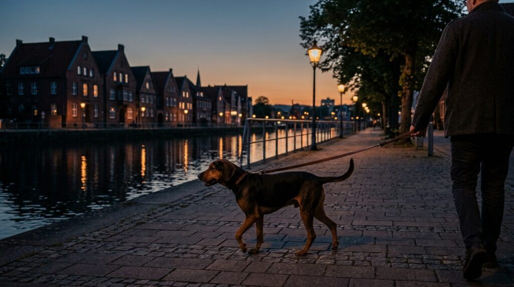Hund an der Weserpromenade mit Backsteinhäusern im Hintergrund