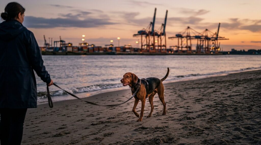 Hund am Elbstrand, im Hintergrund unscharf Containerkräne