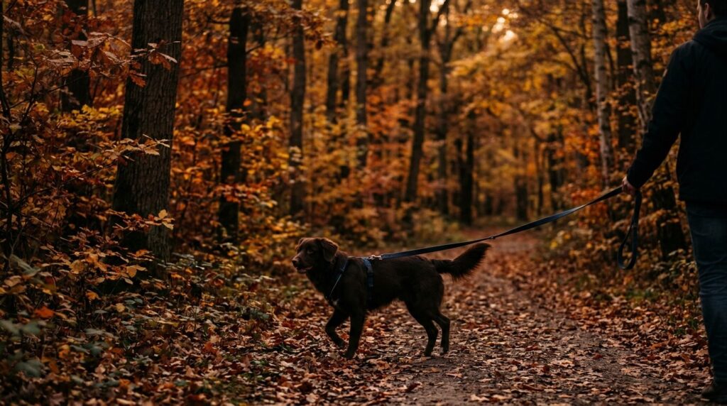 Hund in einem herbstlichen Laubwald im Taunus
