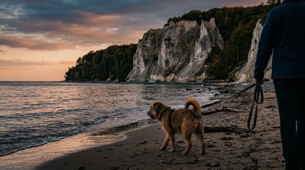 Hund an einem Ostseestrand mit Kreidefelsen