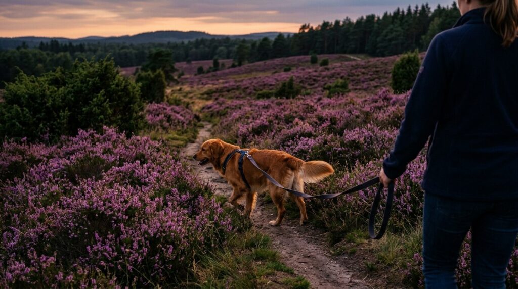 Hund in der blühenden Lüneburger Heide