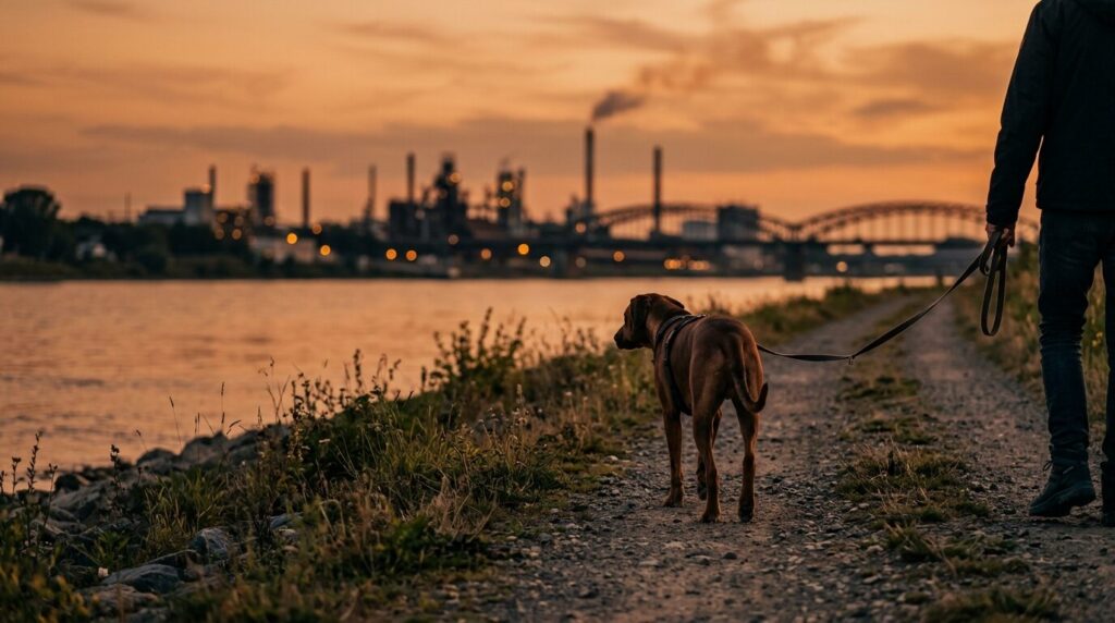 Hund am Rheinufer, im Hintergrund unscharf eine Industriekulisse