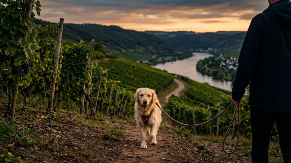 Hund zwischen Weinbergen über der Mosel