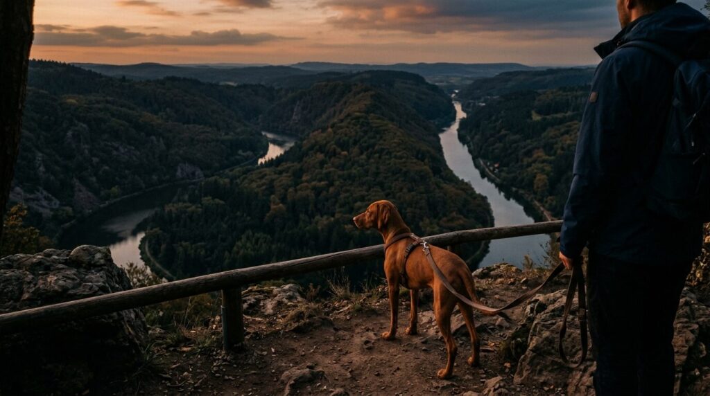 Hund an einem Aussichtspunkt über einer bewaldeten Flussschleife