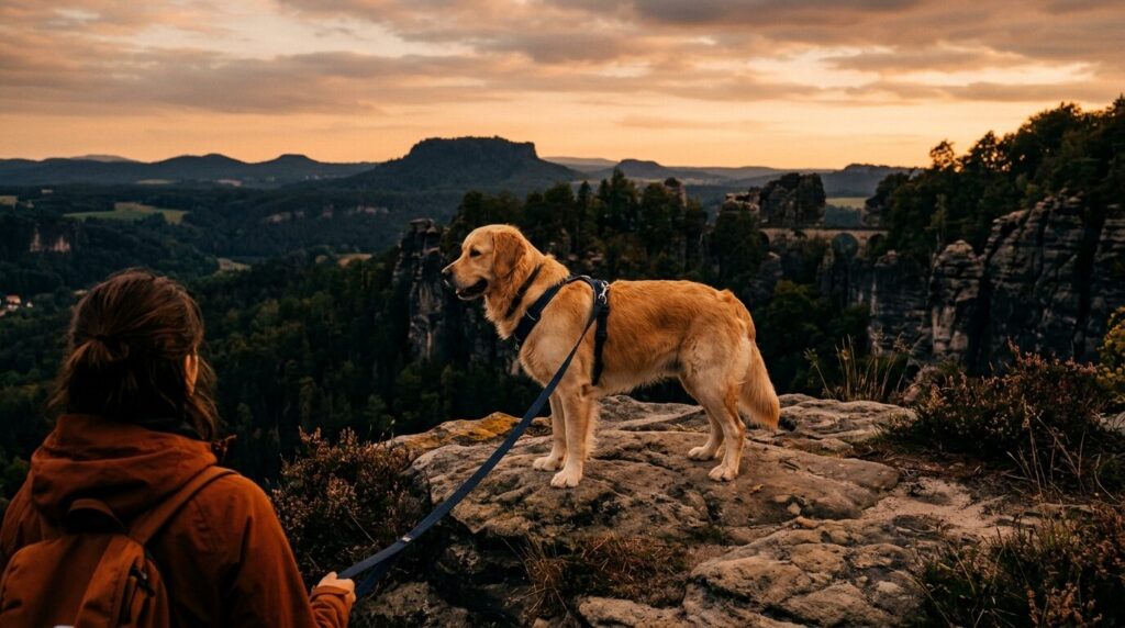 Hund auf einem Felsplateau in der Sächsischen Schweiz