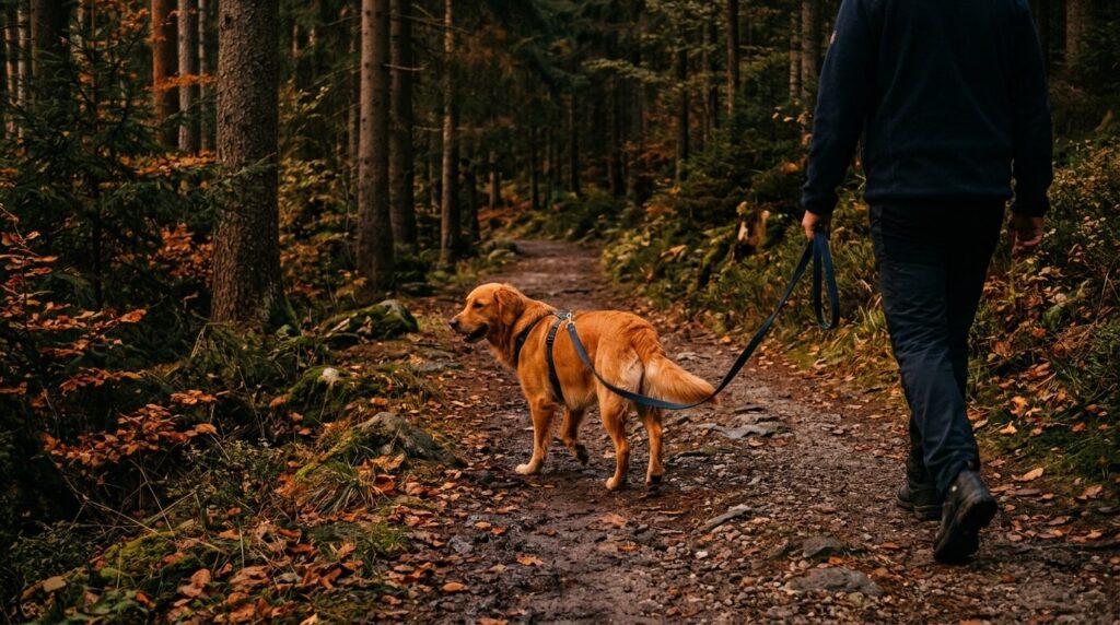 Hund auf einem Waldweg im Harz