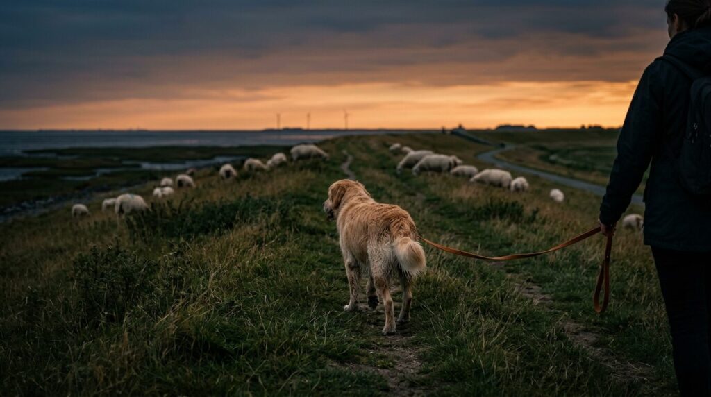 Hund auf einem Nordseedeich mit Schafen im Hintergrund