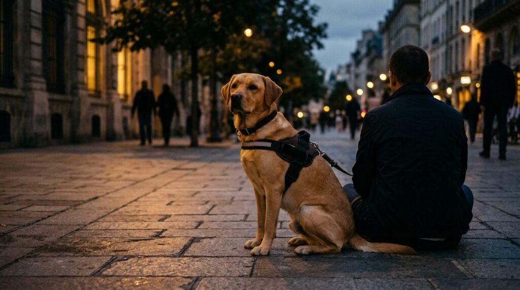 Assistenzhund mit Führgeschirr auf dem Gehweg