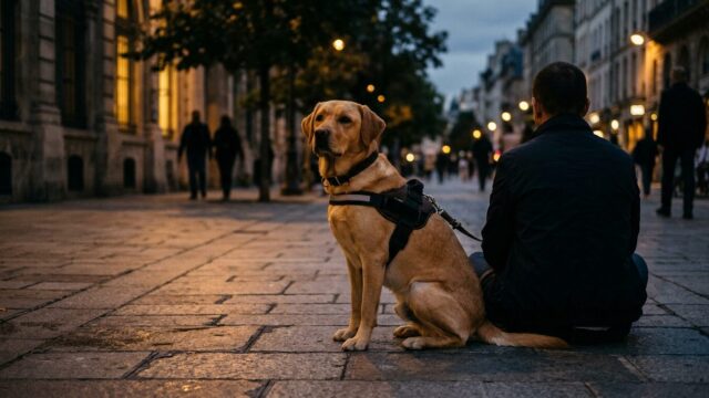 Assistenzhund mit Führgeschirr auf dem Gehweg