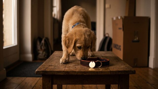Junger Hund schnuppert an Halsband mit Hundemarke