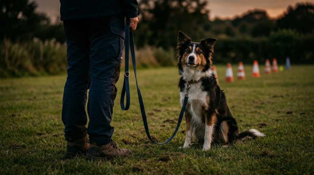 Hund sitzt bei Fuß neben seinem Halter auf einem Übungsplatz