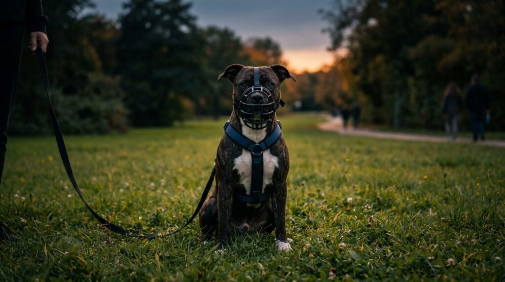 American Staffordshire Terrier mit Maulkorb im Park