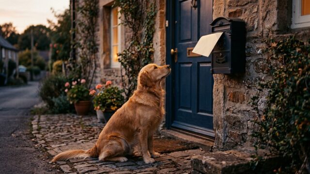Hund schaut zum Briefkasten mit Umschlag