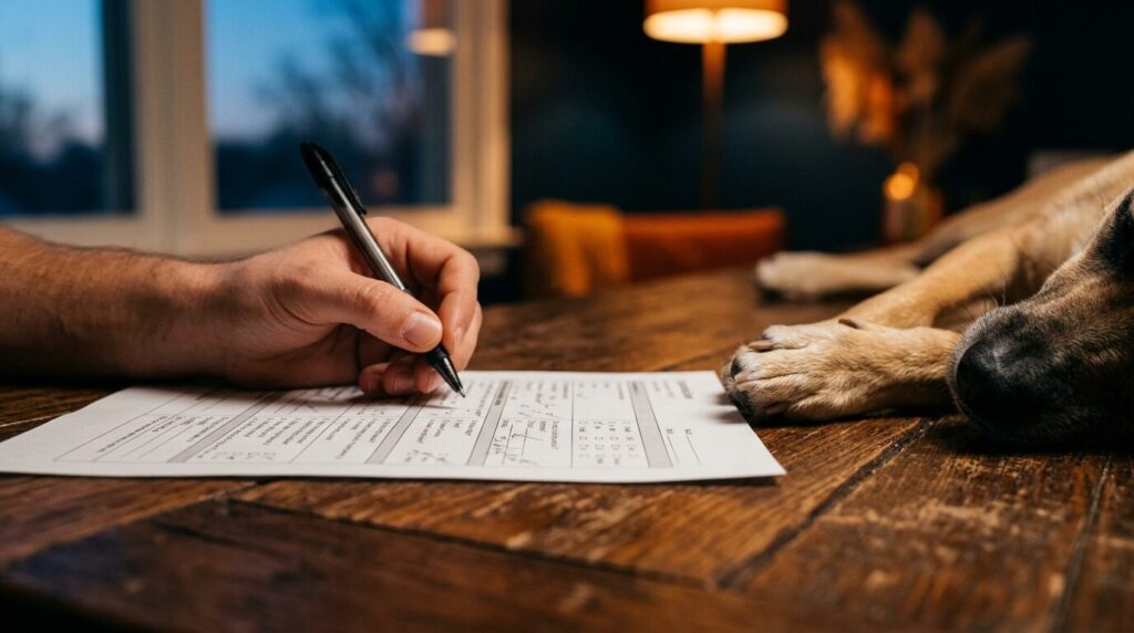 Fragebogen zur Sachkundeprüfung auf einem Tisch, daneben ein liegender Hund