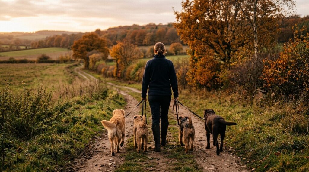 Hundesitterin mit drei Hunden auf dem Feldweg