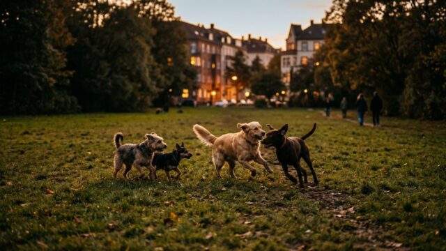 Hunde spielen auf einer Hundewiese im Stadtpark