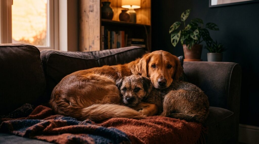 Zwei Hunde liegen zusammen auf dem Sofa