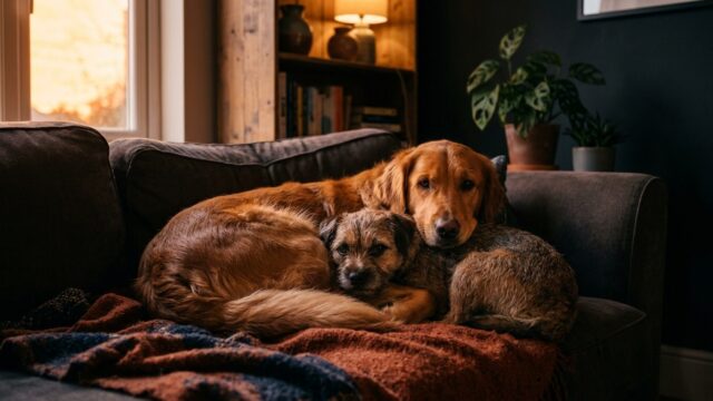Zwei Hunde liegen zusammen auf dem Sofa