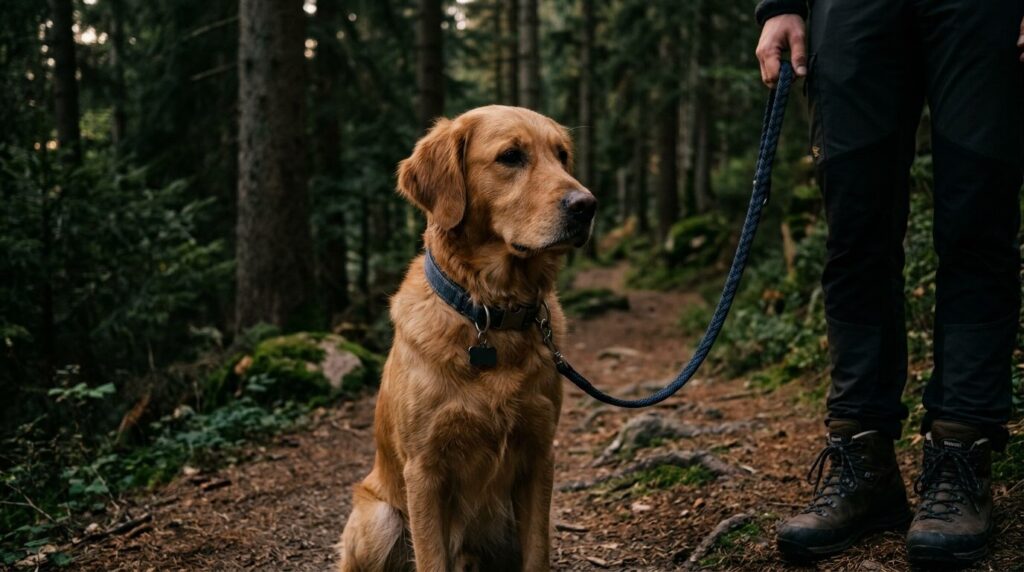 Angeleinter Hund auf einem Wanderweg im Schwarzwald zwischen hohen Tannen