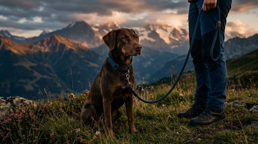 Angeleinter Hund auf einer Almwiese vor einem Alpenpanorama