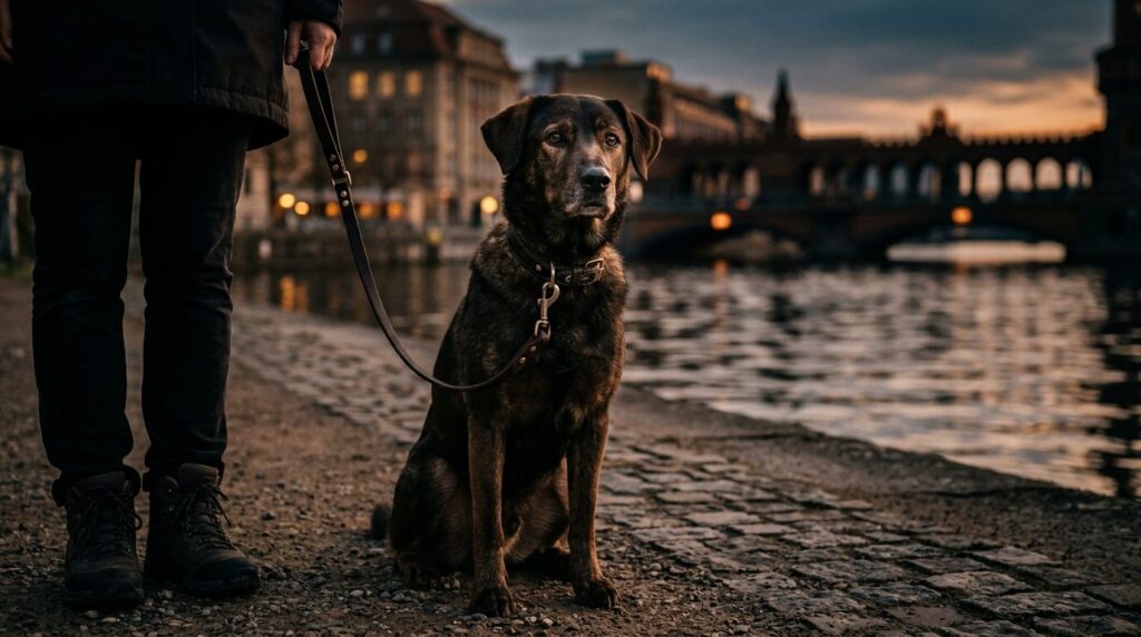 Angeleinter Hund am Ufer der Spree, im Hintergrund unscharf Altbauten und eine Brücke