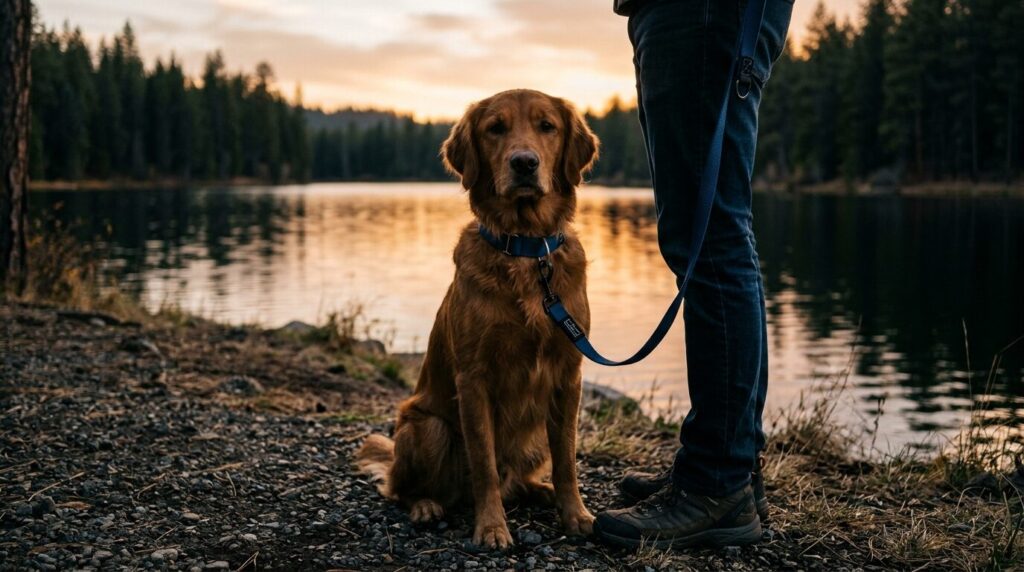 Angeleinter Hund am Ufer eines Sees mit Kiefernwald