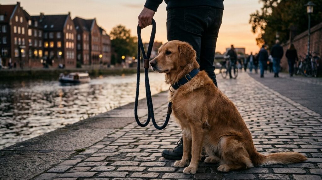 Angeleinter Hund an der Weserpromenade mit Backsteinhäusern im Hintergrund