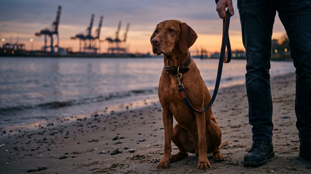 Angeleinter Hund am Elbstrand, im Hintergrund unscharf Containerkräne