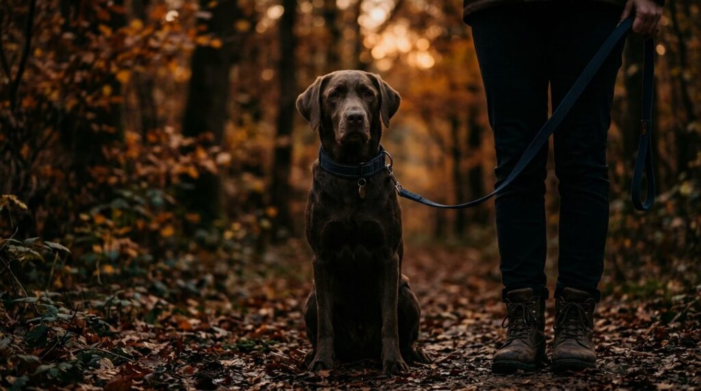 Angeleinter Hund in einem herbstlichen Laubwald im Taunus