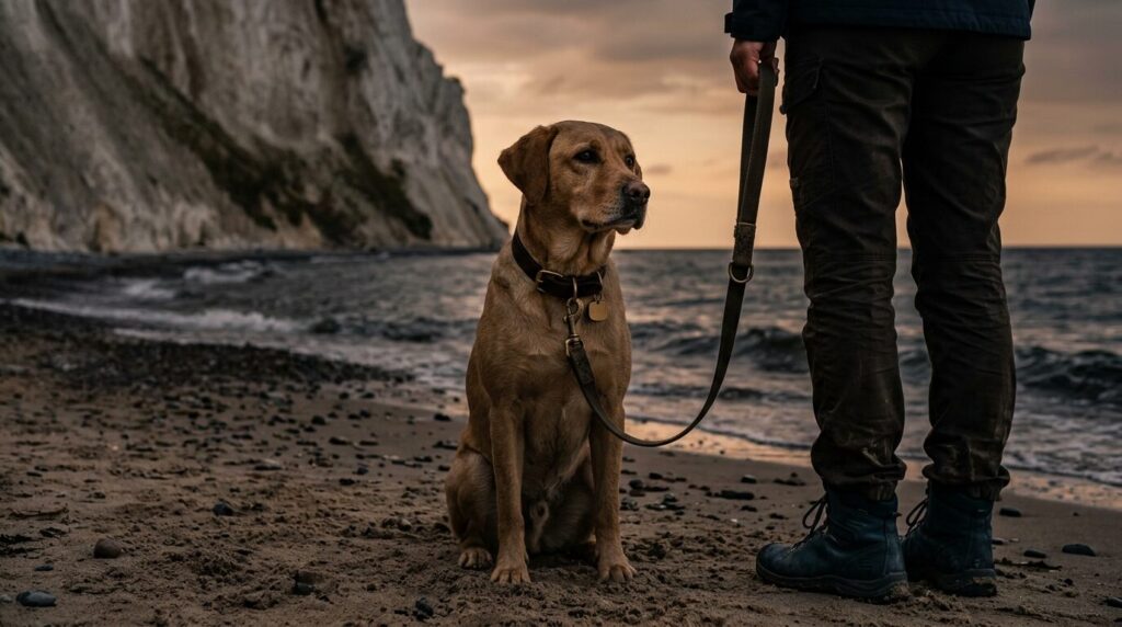 Angeleinter Hund an einem Ostseestrand mit Kreidefelsen