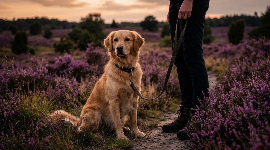 Angeleinter Hund in der blühenden Lüneburger Heide