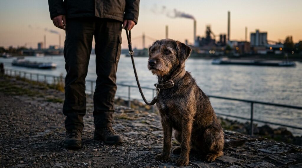 Angeleinter Hund am Rheinufer, im Hintergrund unscharf eine Industriekulisse