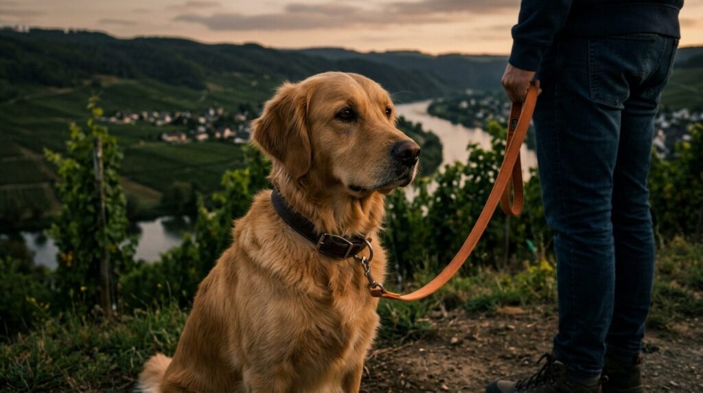 Angeleinter Hund zwischen Weinbergen über der Mosel