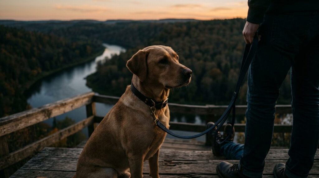 Angeleinter Hund an einem Aussichtspunkt über einer bewaldeten Flussschleife