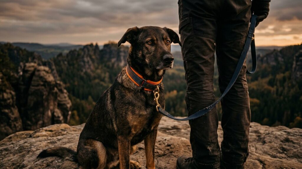 Angeleinter Hund auf einem Felsplateau in der Sächsischen Schweiz