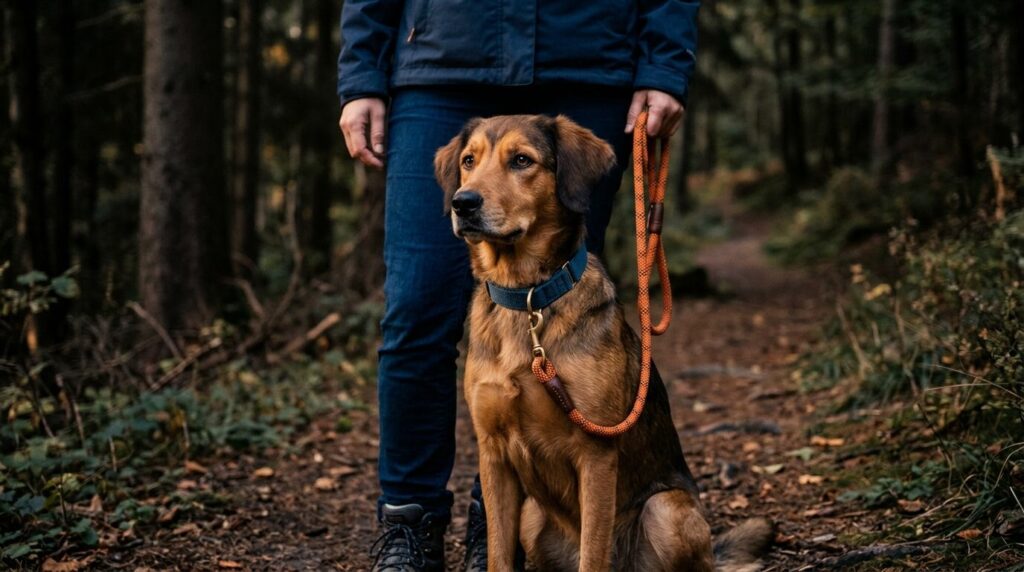 Angeleinter Hund auf einem Waldweg im Harz