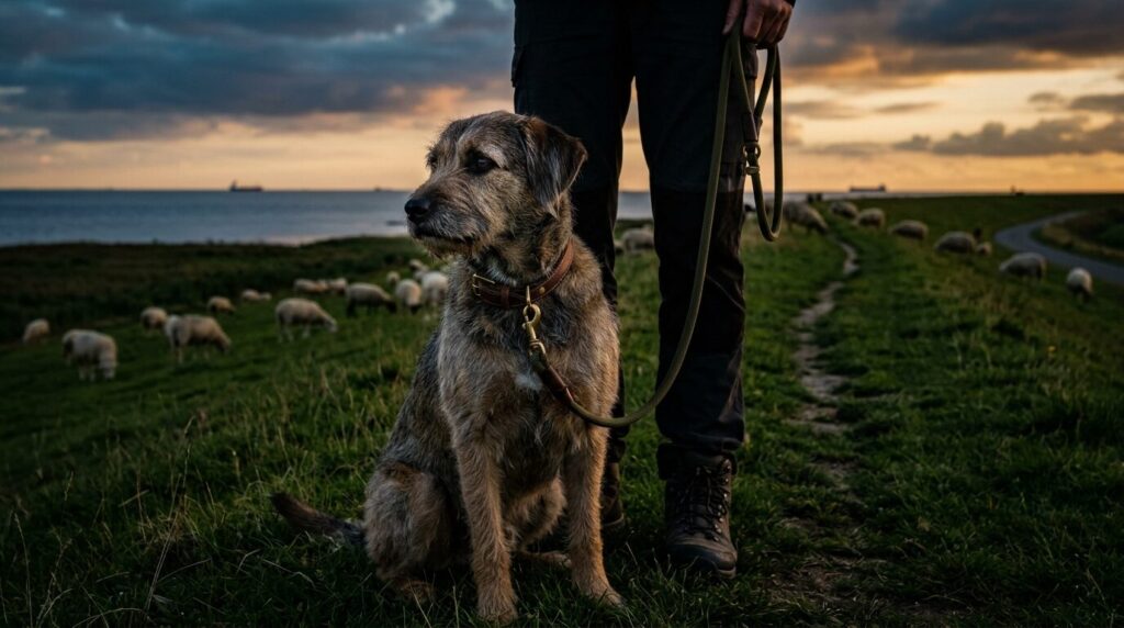 Angeleinter Hund auf einem Nordseedeich mit Schafen im Hintergrund
