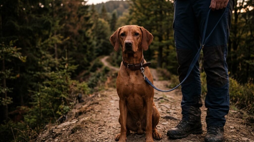 Angeleinter Hund auf einem Kammweg im Thüringer Wald